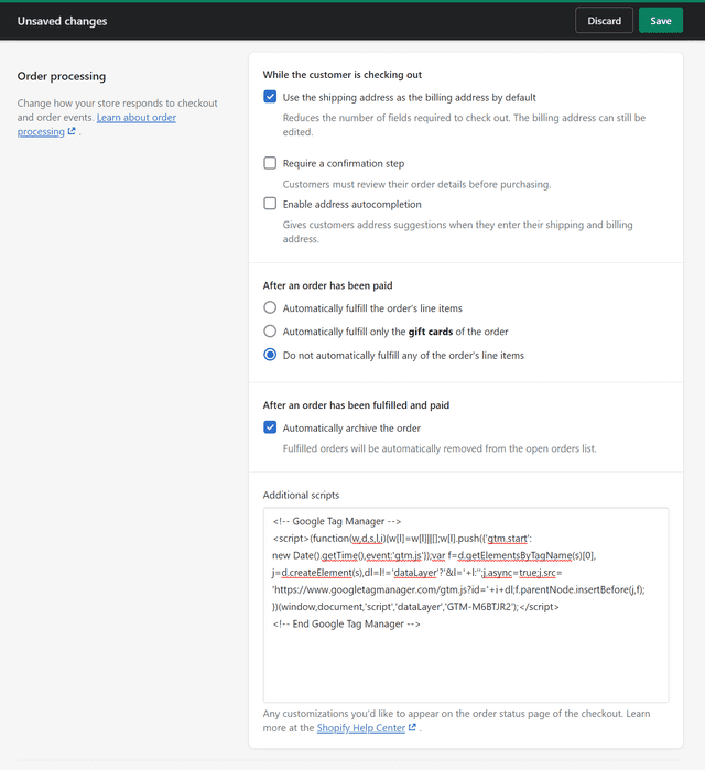 Shopify Settings checkout additional scripts